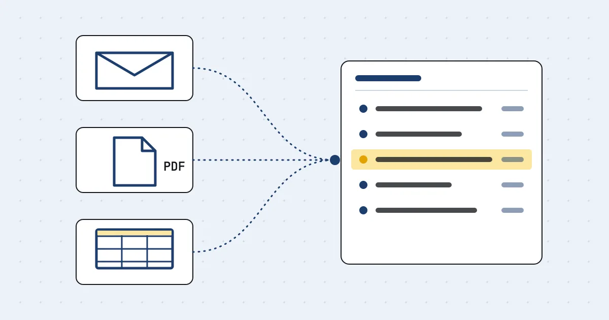 Illustrazione: un’email, un PDF e un foglio di calcolo che confluiscono in un unico elenco